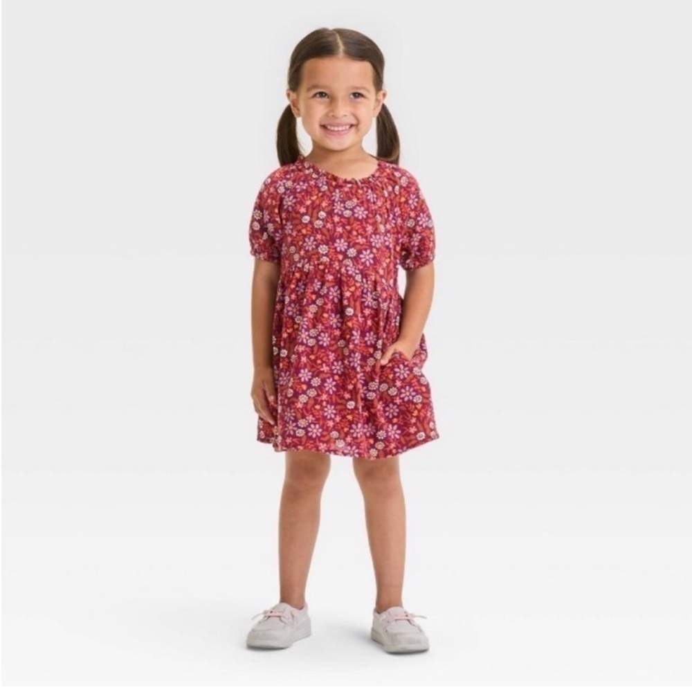 Cat & Jack Burgundy Floral Short Sleeve Toddler Dress Size 4t